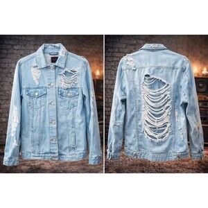 Y2K Shredded Back Denim Jacket Women M Light Wash 90s Grunge Festival Distressed